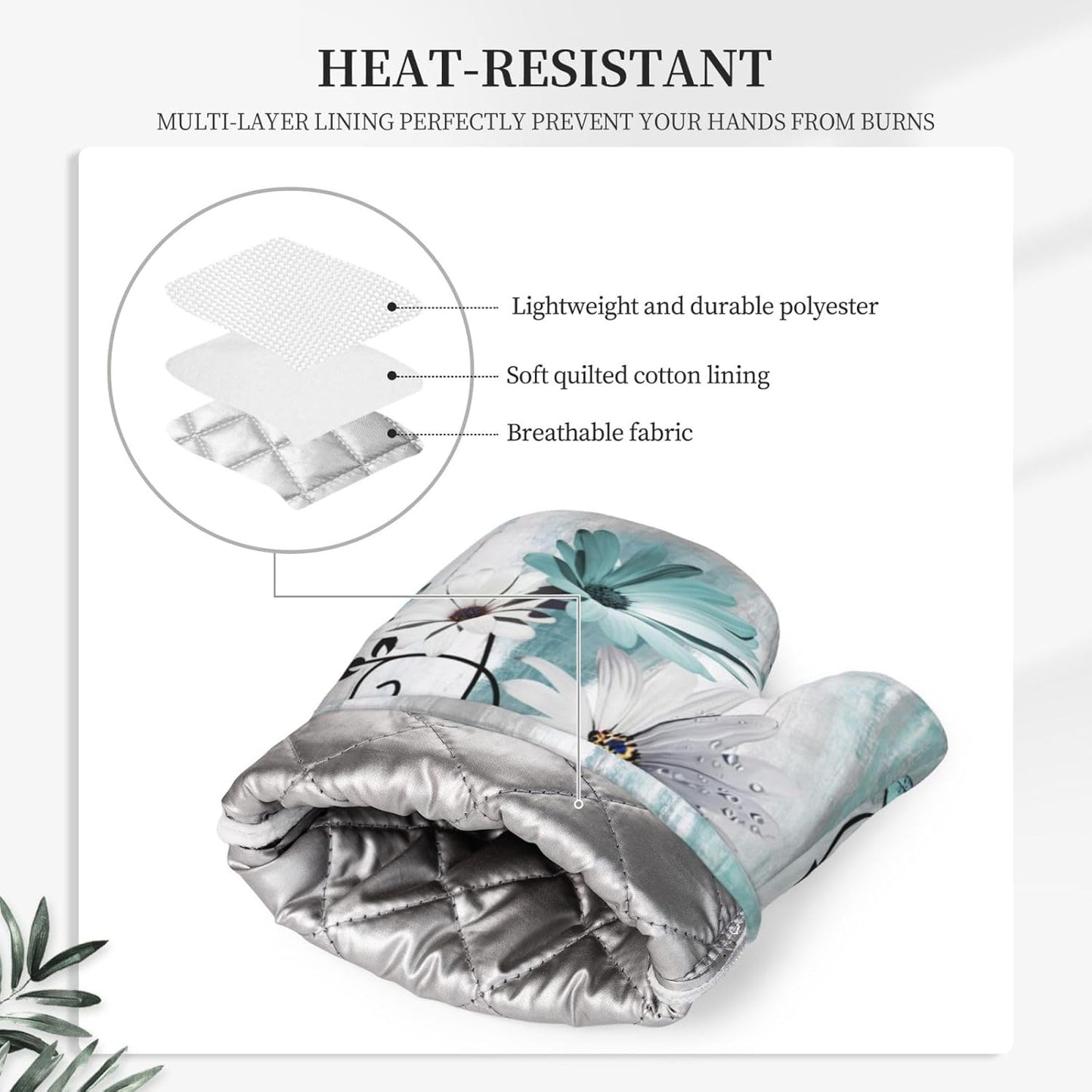 Teal Daisy Oven Mitts Pot Holders Set Silicone Heat Resistant Farm Teal Daisy Floral Flowers and Butterfly Oven Mitts and Hot Pads Potholders Non-Slip Oven Gloves for BBQ