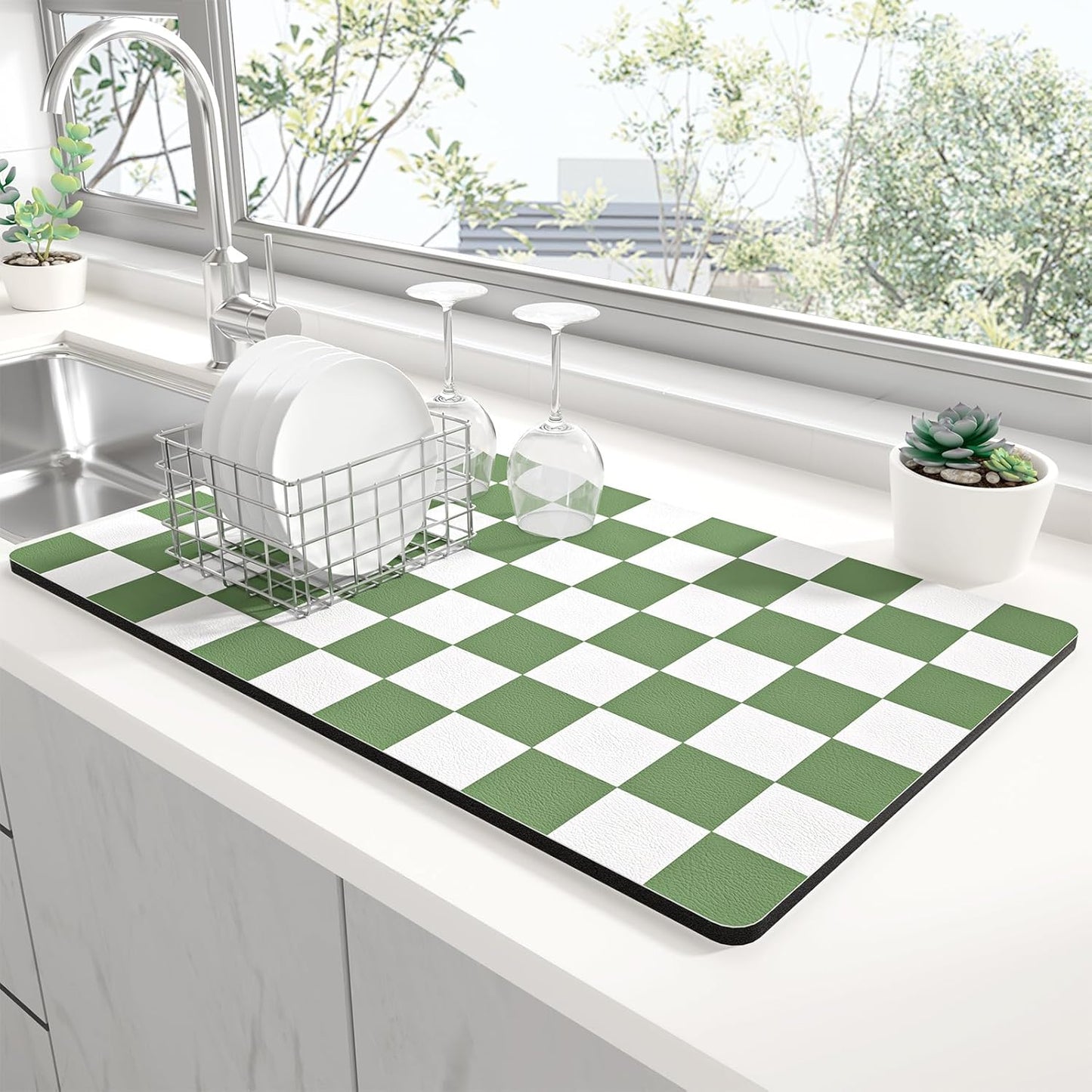 Rnivvi Dish Drying Mat for Kitchen Counter, 12 x 19" Cute Checkered Absorbent Draining Pad, Non-Slip Heat Resistant Coffee Bar Mats for Coffee Machine Station Accessories, Green White Dish Rack Pad