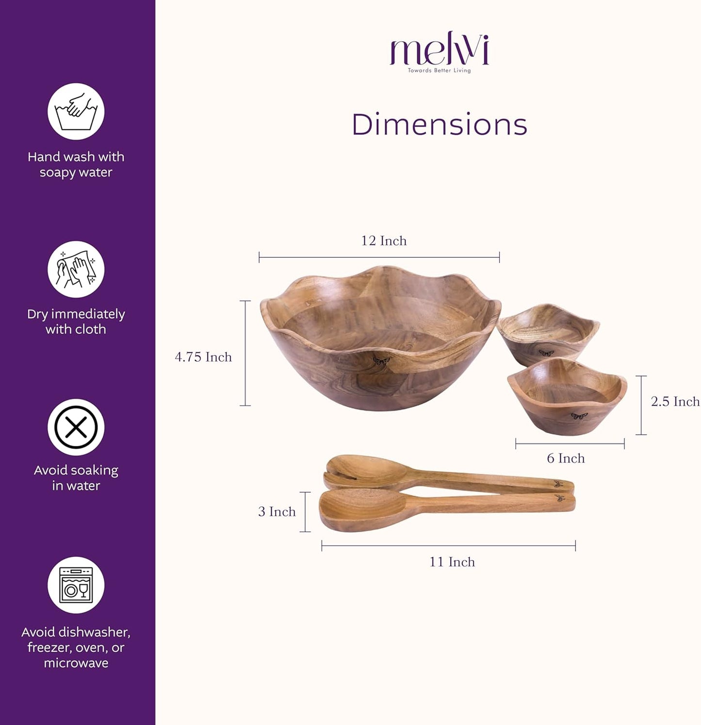 Melvvi Large Wooden Salad Bowl Set with 2 Small Bowls and 2 Serving Utensils | 12" & 6" Acacia Wood Bowls for Food | Great Gift for Kitchen & Dining (Natural Set of 5) (Natural Set of 5)