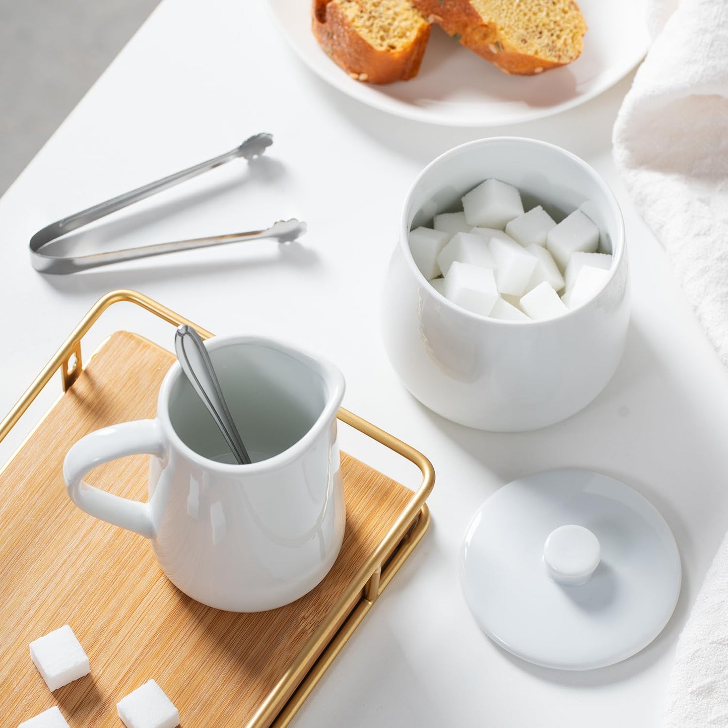 Sugar and Creamer Set, 4 Piece with Creamer Pitcher, Sugar Bowl with Lid and Spoon, Sugar Cube Tongs, for Coffee Accessories, Ceramic Coffee Serving Set