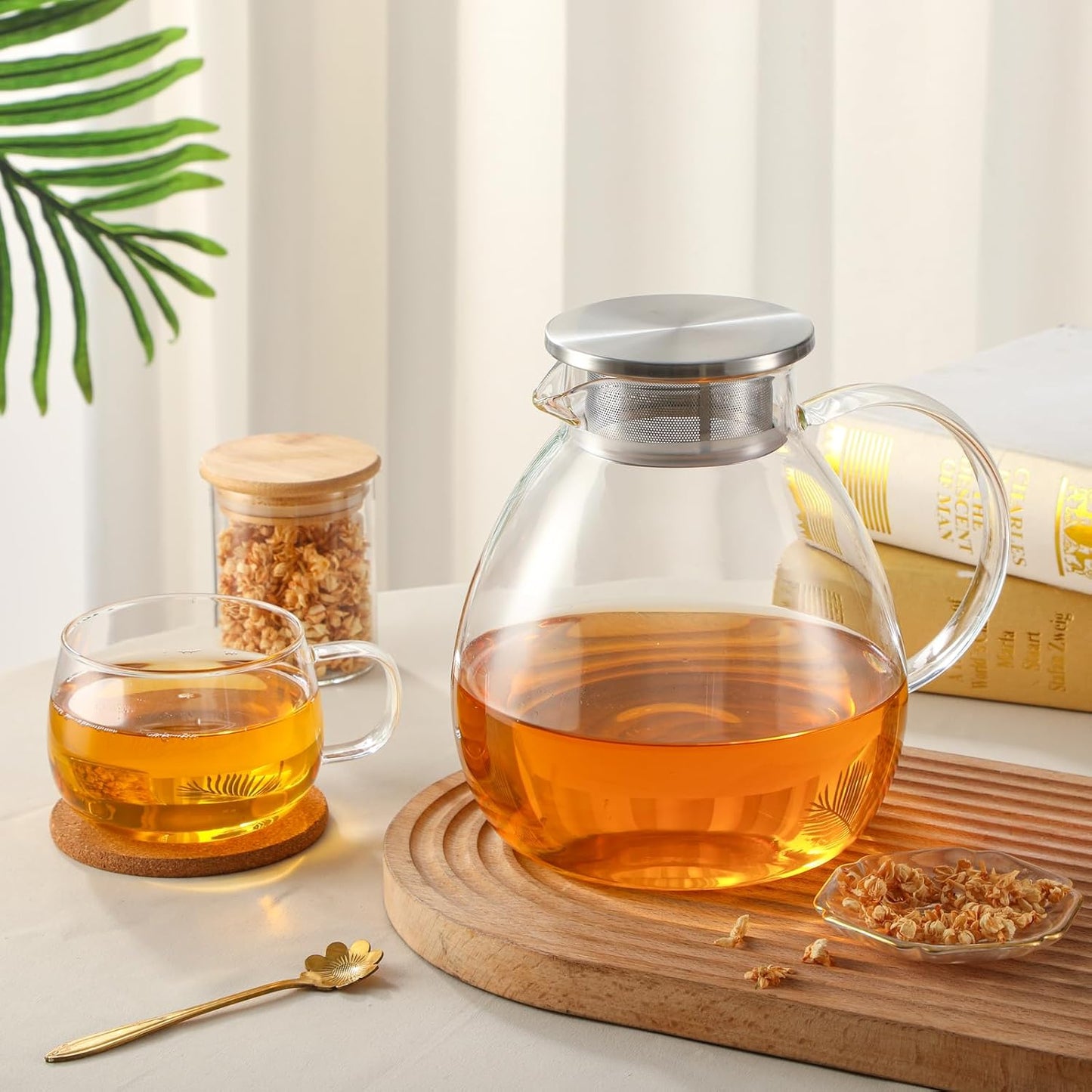 68OZ/2000ML One Touch Glass Teapot with Stainless Steel Filter Lid, Stovetop & Microwave Safe Tea Maker Water Kettle, Strainer & Cover 2 in 1 Loose Leaf Tea Steeper Pot Coffee Carafe