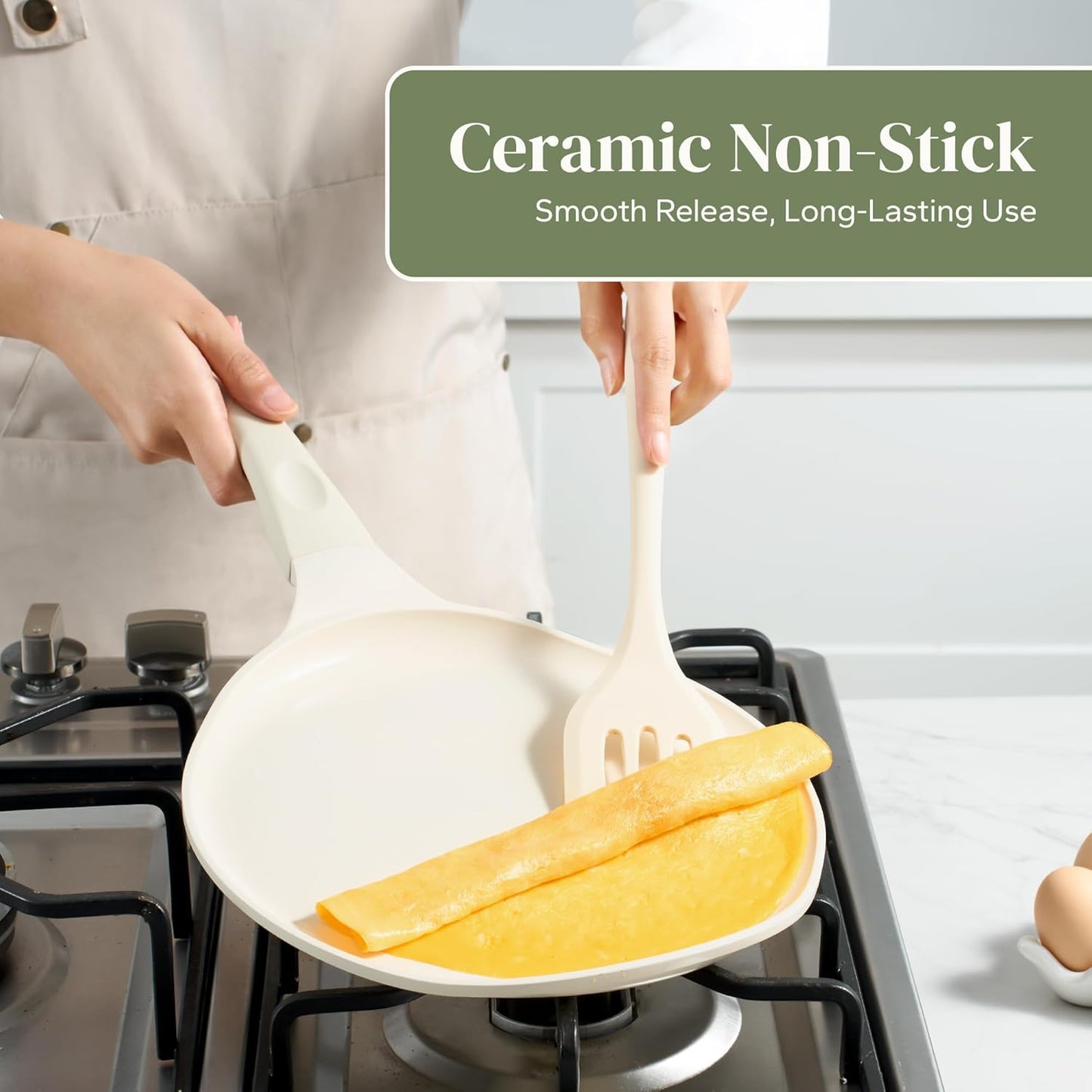 Redchef Crepe Pan Nonstick, 10 Inch Ceramic Flat Skillet Pan for Roti Dosa Tawa Comal Para Tortillas Pancake Pan for Stove Top, Induction Compatible, PFAS/PFOA/PTFE Free(Beige White)