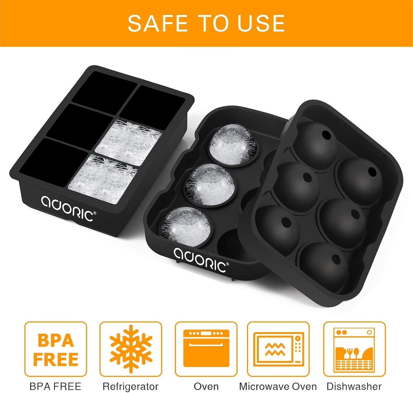 Ice Cube Trays (Set of 2), Sphere Ice Ball Maker & Square Large Ice Cube Molds, Freezer Molds for Whiskey, Cocktails, Homemade Drinks‌‌-Reusable & BPA Free