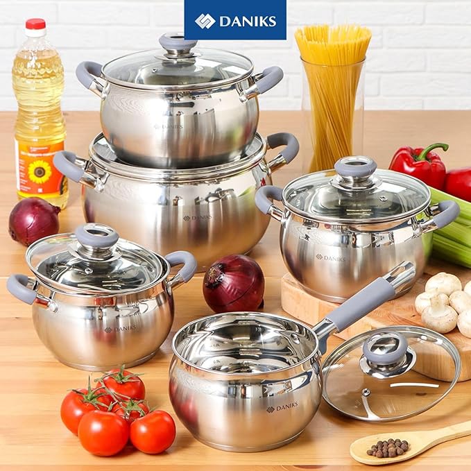 Daniks Modern Stainless Steel Stock Pot with Glass Lid – Induction 3 Quart, Dishwasher Safe, Heatproof Handles, For Soup, Pasta, Stew, Silver