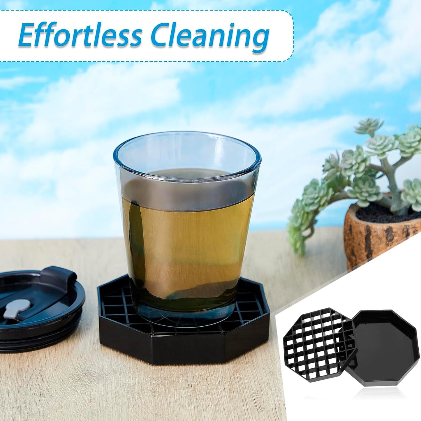 Suclain 8 Pcs 4 Inch Coffee Drip Tray Black Plastic Octagon Coffee Countertop Drip Coaster with Honeycomb Grid for Drink Tea Wine Beverage Dispenser