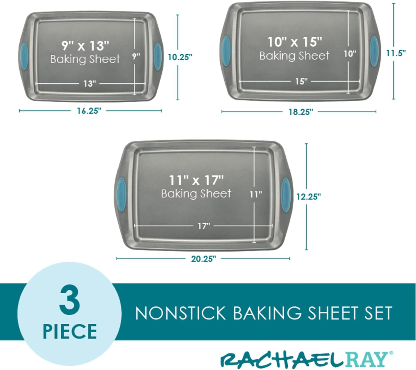 Rachael Ray Bakeware Nonstick Cookie Pan Set, 3-Piece, Gray with Agave Blue Grips