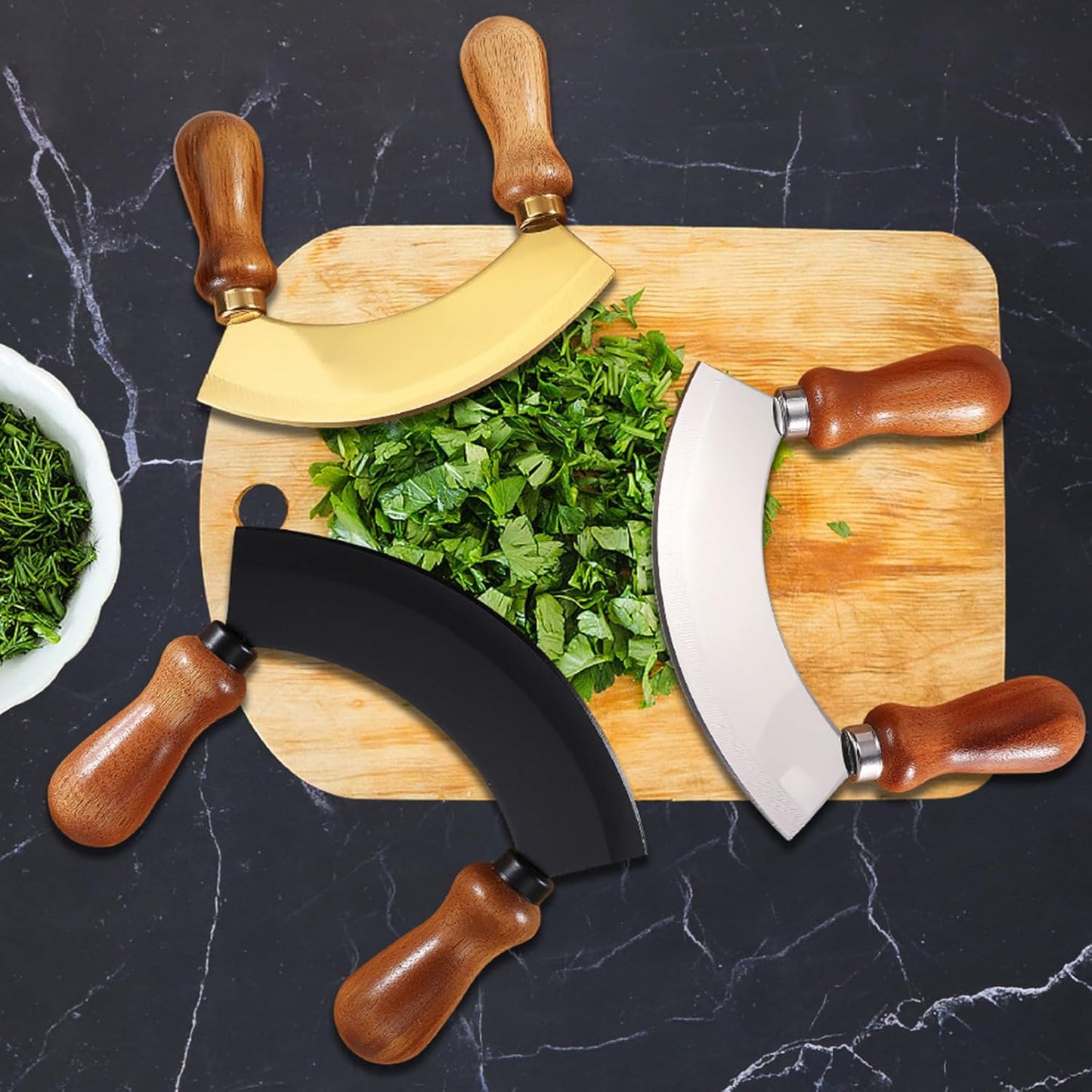 5.4 Inch Stainless Steel Mezzaluna Knife - Salad Chopper Rocker Pizza Cutter Rocker Knife Curved Blade Sharp Blade Double Acacia Wood Handle Fruit Vegetable Mincing (5.4 Inch Black)