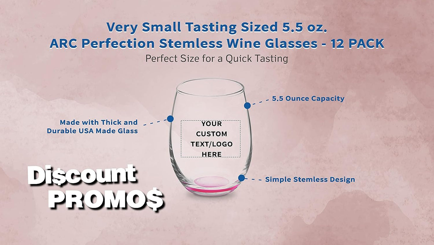Custom Stemless Wine Glasses by ARC 5.5 oz. Set of 12, Personalized Bulk Pack - Perfect for Hotel, Bar, Restaurant or Lounge - Pink