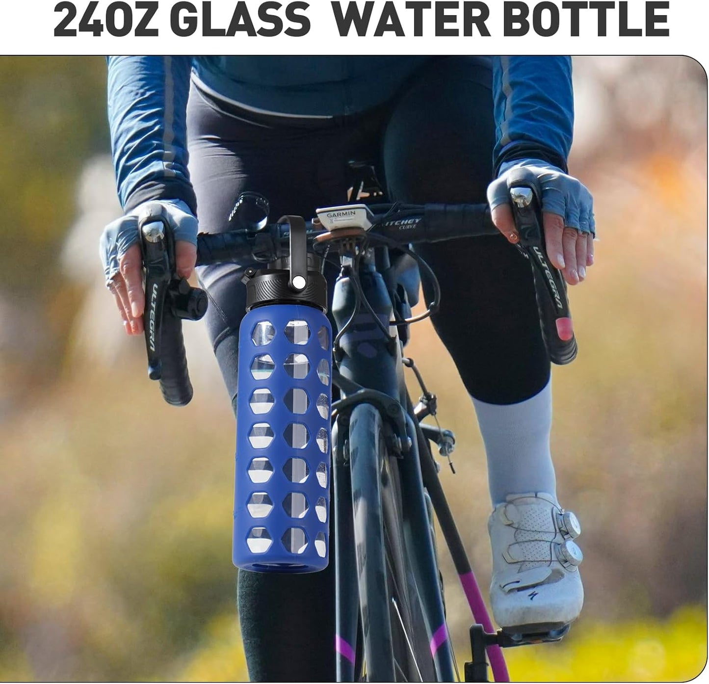 MUKOKO Glass Water Bottles, 24oz Glass Tumbler with Straw, Drinking Bottles with 2 Lids-Handle Spout Lid&Bamboo Straw Lid, Motivational Water Bottle with Time Marker and Silicone Sleeve, 1 Pack-Blue