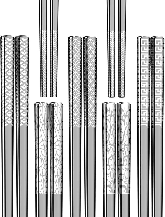 Metal Chopsticks Reusable 18/8 stainless steel Chopsticks 5 Pairs Modern Style Dishwasher Safe Lightweight Non-Slip Chop Sticks 9 1/4 Inches Present Set