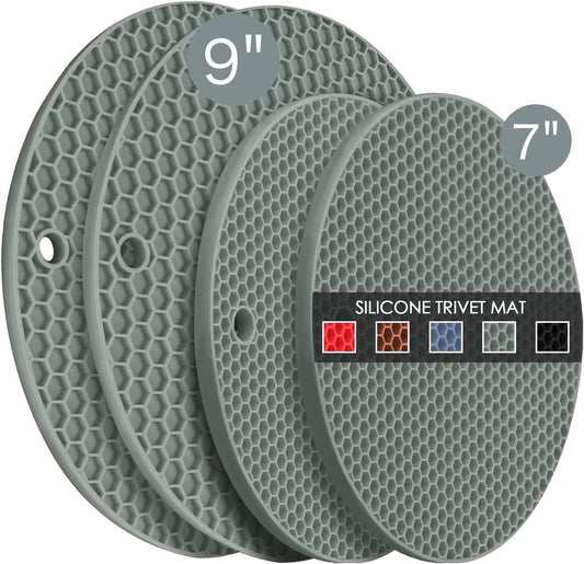 Silicone Trivet Mats, 2 Sizes 7 & 9 Inch Heat Resistant Silicone Hot Pads Pot Holders for Kitchen - Trivets for Hot Dishes, Multipurpose Non-Slip Heat Resistant Mat, Spoon Holder, Drying Mat(Gray)