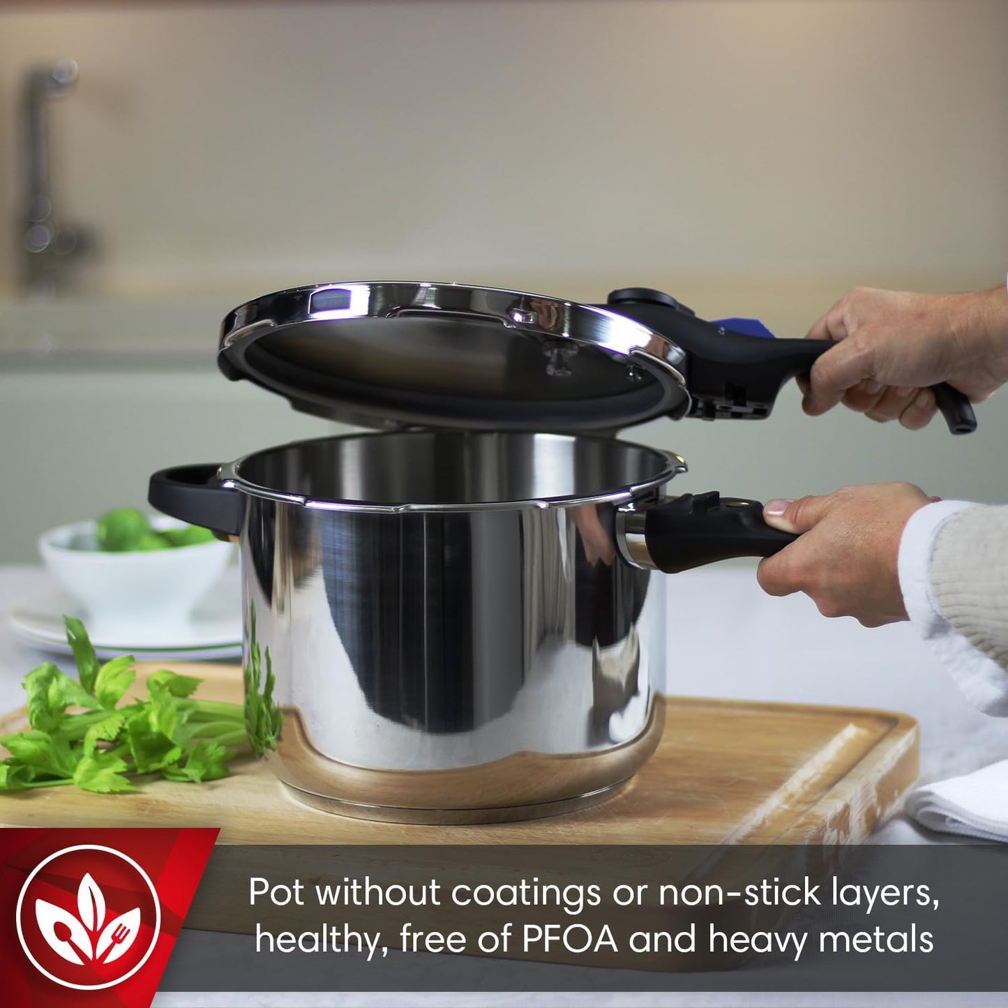 MAGEFESA Favorit 6.3 Qt Pressure Cooker – Easy-to-Use Fast Cooking Pot, 18/10 Stainless Steel, Induction Compatible, Even Heat Distribution, Works on All Stovetops