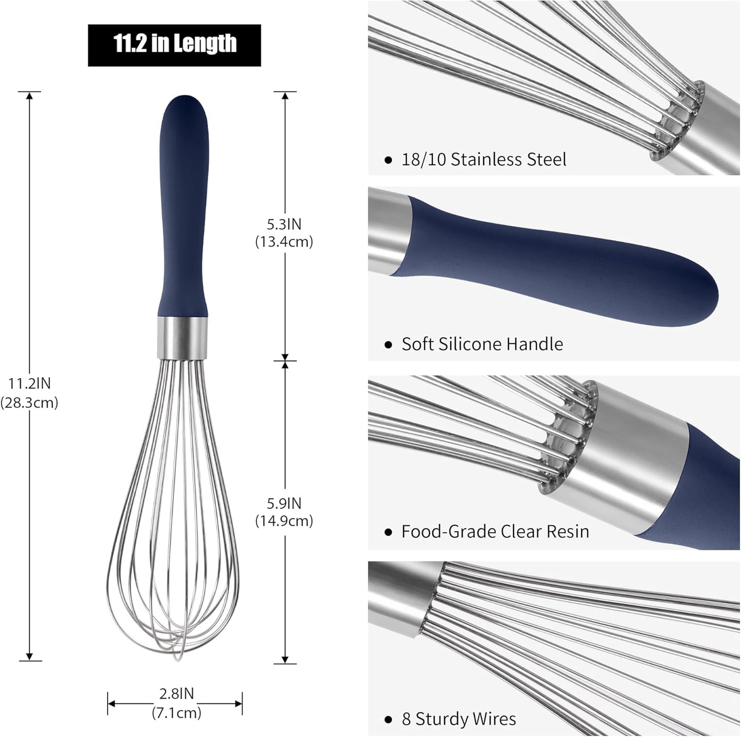 18/8 Stainless Steel Balloon Whisk, Doosu Kitchen Whisk for Cooking Handheld Egg Beater with Rust-Proof Sturdy Wires & Non-Slip Silicone Handle for Beating, Stirring, Blending (8 Wires, Navy Blue)