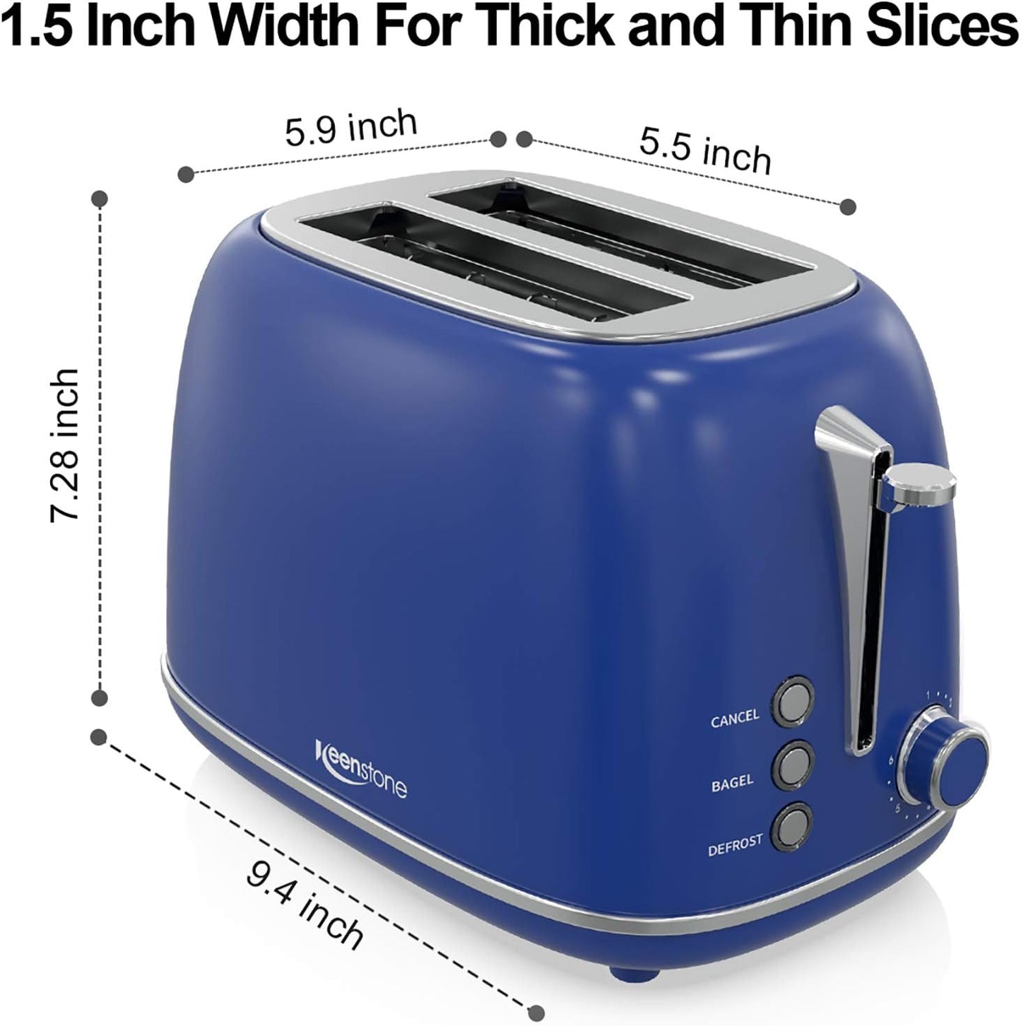 Keenstone Retro 2-Slice Stainless Steel Toaster - Bagel, Cancel, Defrost Functions, Extra Wide Slots, High Lift Lever, 6 Shade Settings, Removable Crumb Tray, Dark Blue