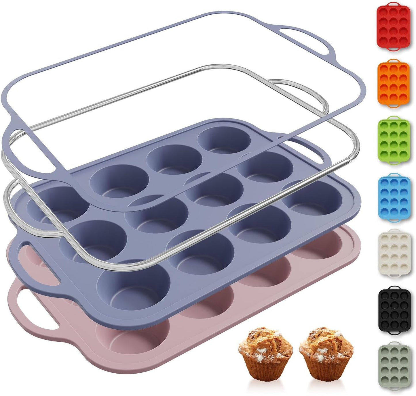 2 Packs 12 Cups Silicone Muffin Pan with Metal Reinforced Frame Regular Size Cupcake Pan Tray Egg Bites Silicone Circle Cookie Molds Muffin Tin Bread Loaf Pans for Homemade Reusable Tart Pans