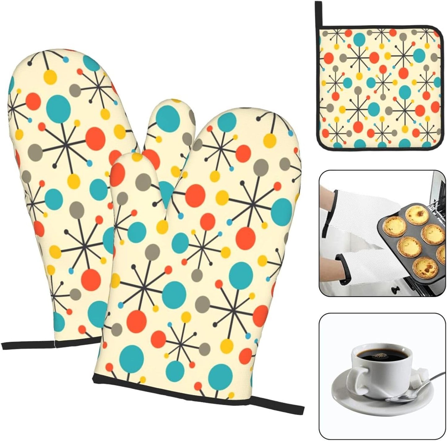 Mid Century Fifties Modern Atomic Retro Oven Mitts and Pot Holders Sets of 3, Yellow Kitchen Decor or Accessories, Heat Resistant Hot Pads Oven Gloves,Cooking Grilling Baking Gifts for Women