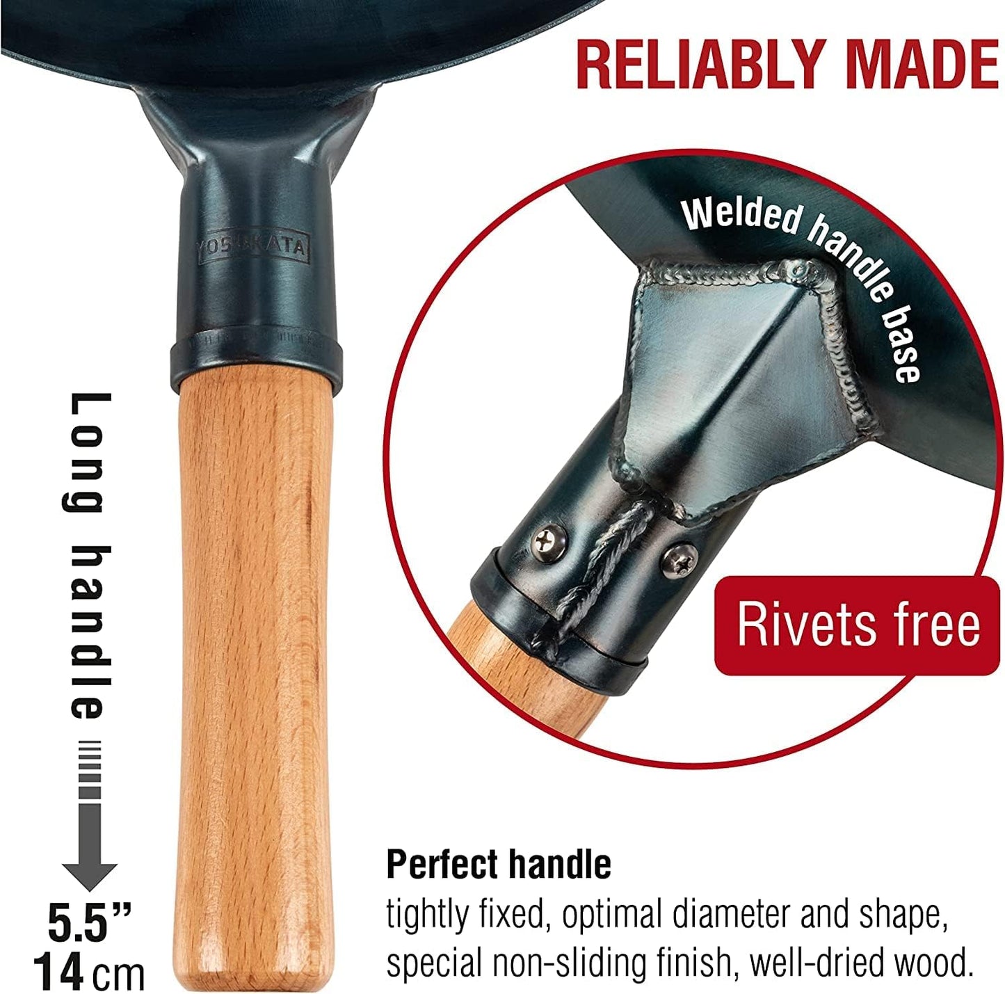 YOSUKATA 14” Round Bottom Carbon Steel Wok Pan – Blue Pre-Seasoned Pow Wok for Stir Fry, BBQ, Grill & Camping – Traditional Japanese & Chinese Cookware – Compatible with Gas Stoves & Open Fire Only