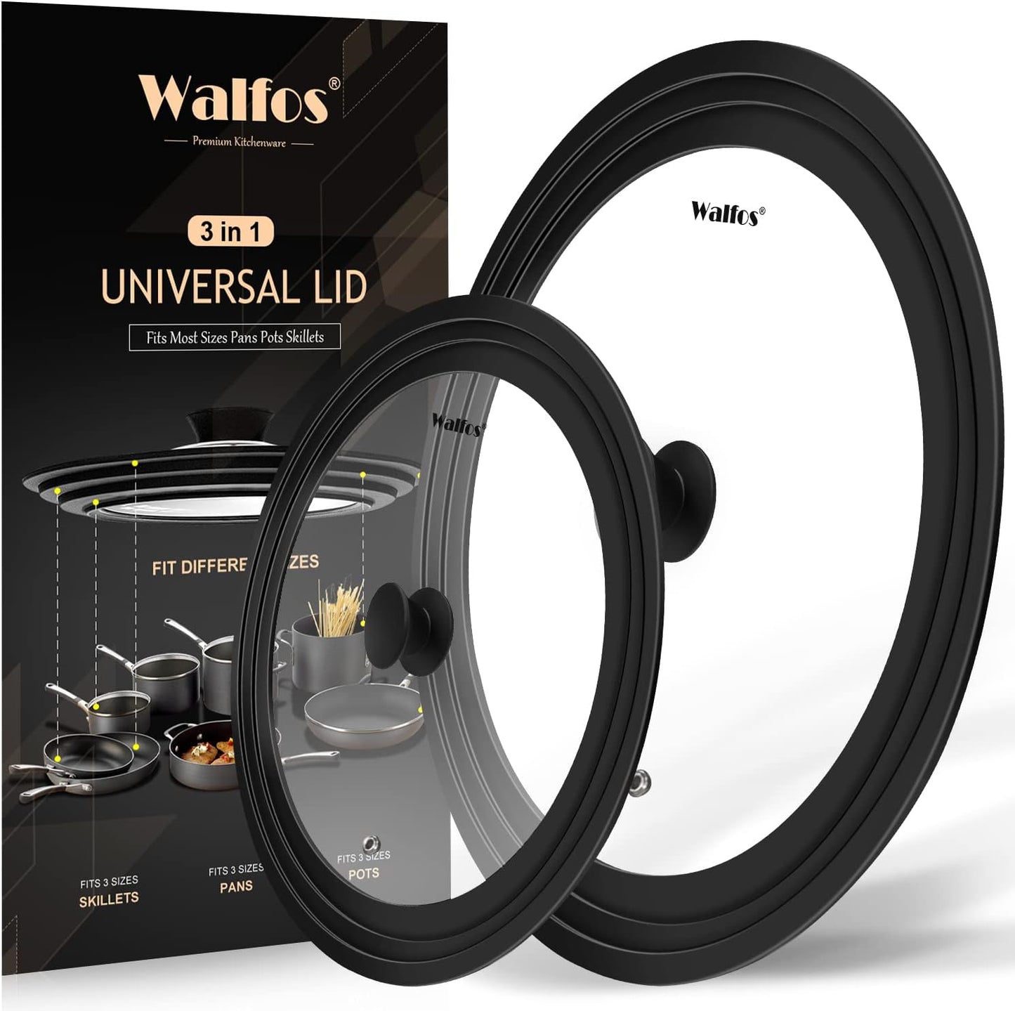 Walfos Universal Lids for Pots, Pans and Skillets - Tempered Glass with Heat Resistant Silicone Rim, Fits 6.5", 7" and 8" Diameter, 9.5", 10" and 11" Diameter Cookware（2PK）