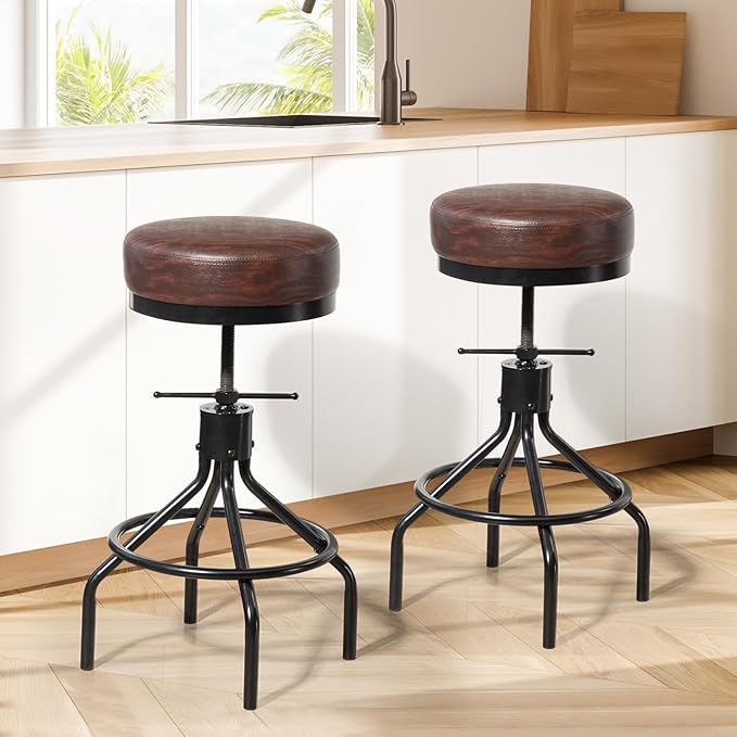 Counter Height Bar Stool Adjustable Swivel Round Barstools Modern PU Leather 28inch Backless Metal Industrial Stool Bar Chair for Kitchen Island (1, Walnut)