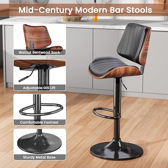 Swivel Bar Stools Set of 4, Adjustable Bentwood Barstools for Kitchen Counter, Modern PU Leather Upholstered Bar Chair with Back and Footrest, for Kitchen Island, Bar, Dining Room, Black