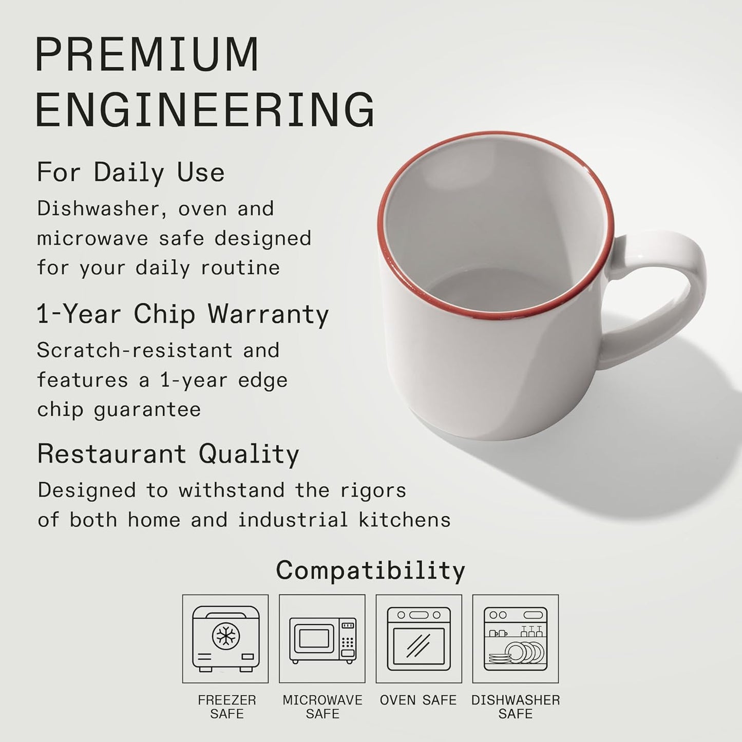 Made In Cookware - Set of 4 - Coffee Mug Set - 12 oz - White With Red Rim - Porcelain England - Dishwasher and Microwave Safe