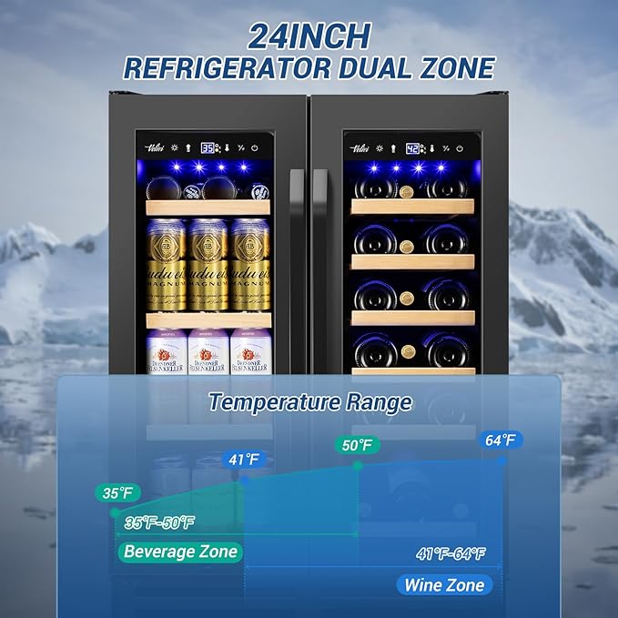24" Black Dual Zone Wine & Beverage Refrigerator | Under Counter Built-In or Freestanding | 18 Bottles & 68 Cans | Glass Door with Lock Large Capacity for Beer Wine Soda Drinks