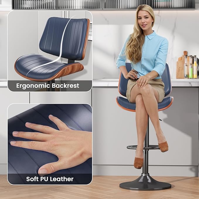 Swivel Bar Stools Set of 3, Adjustable Bentwood Barstools for Kitchen Counter, Modern PU Leather Upholstered Bar Chair with Back and Footrest, for Kitchen Island, Bar, Dining Room, Navy
