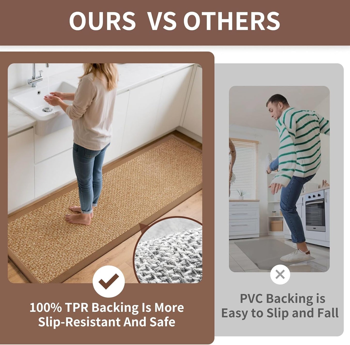 Kitchen Mats for Floor, Rubber Backing Kitchen Rugs Non Slip Washable, Super Absorbent Jute-Like Braid Kitchen Runner Rug Sink Mat Standing Mat, Easy to Clean, Brown 17"x30"