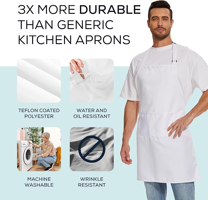 Will Well Kitchen Apron for Men and Women - 33" x 27" Oil-and-Water-Resistant with Adjustable Neck Strap and 38" Waist Ties for a Snug Fit, Lightweight with 2 Front Pockets - 2-Pack, White