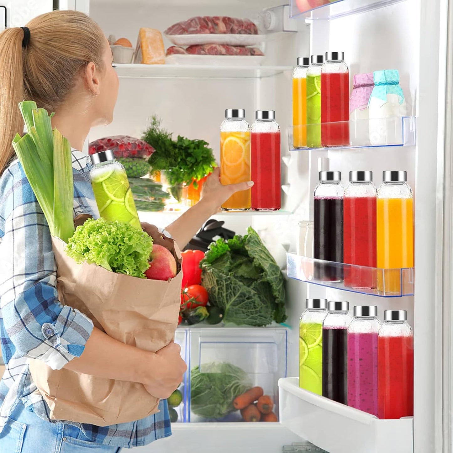 24 oz Clear Glass Juice Bottles with Lids, Reusable Refillable Water Bottles for Juicing,Refrigerator,100% Leak Proof, BPA Free, Juice Water Bottle Set of 10