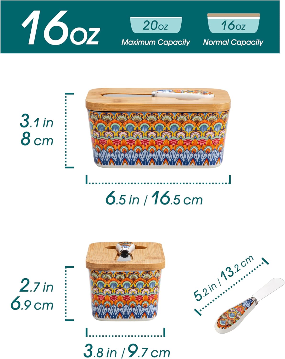 vancasso SIMI Butter Dish with Lid, 6.5" Large Butter Dish for Countertop, Bohemian Ceramic Butter Keeper Container with Knife and Bamboo Lid, Butter Holder for Counter, Regal Bloom