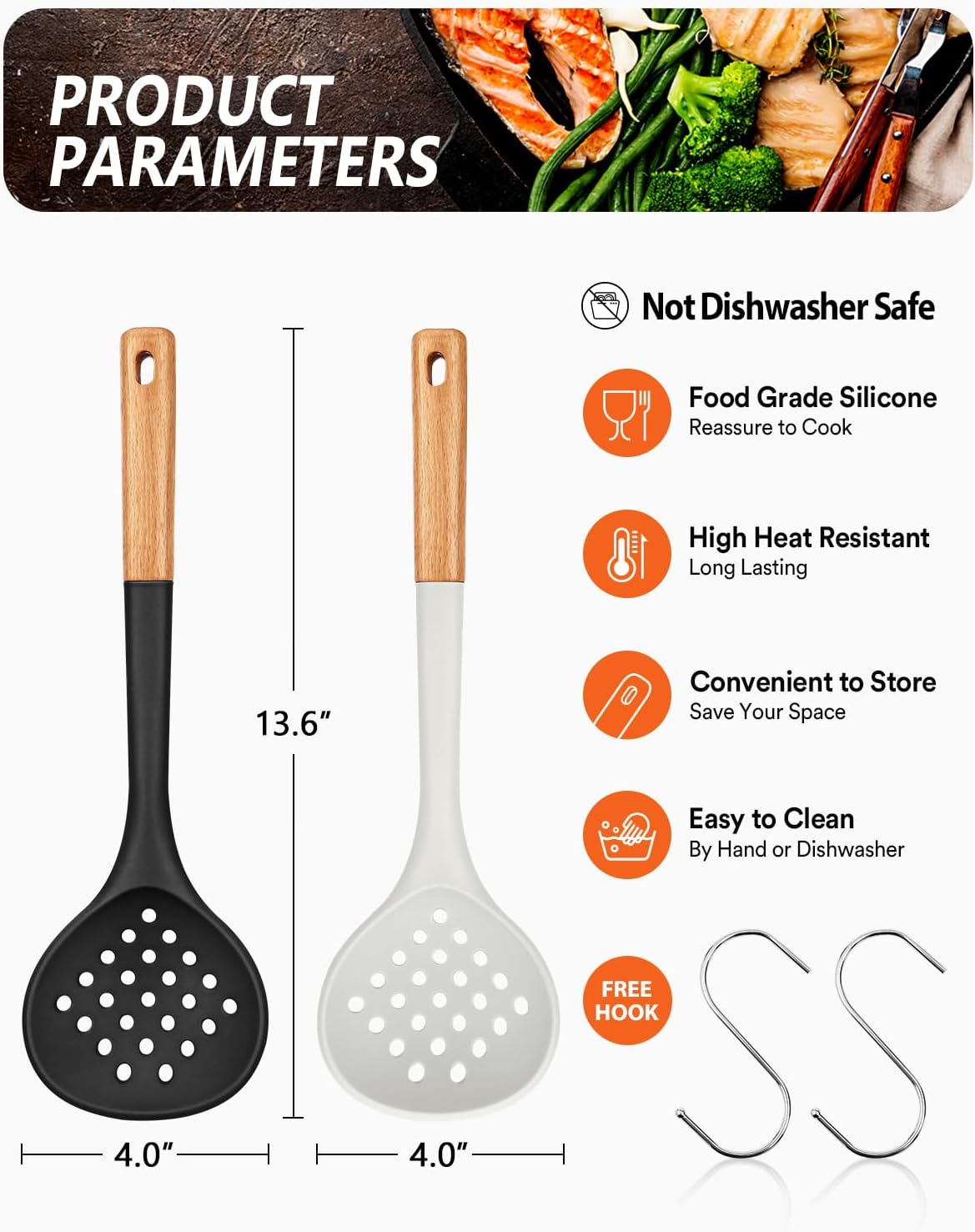 Kitchen Ladle Strainer, Large Slotted Spoon with High Heat Resistant BPA Free, Non Stick Cooking Skimmers For Draining & Frying, 13.2inch (Black & White)