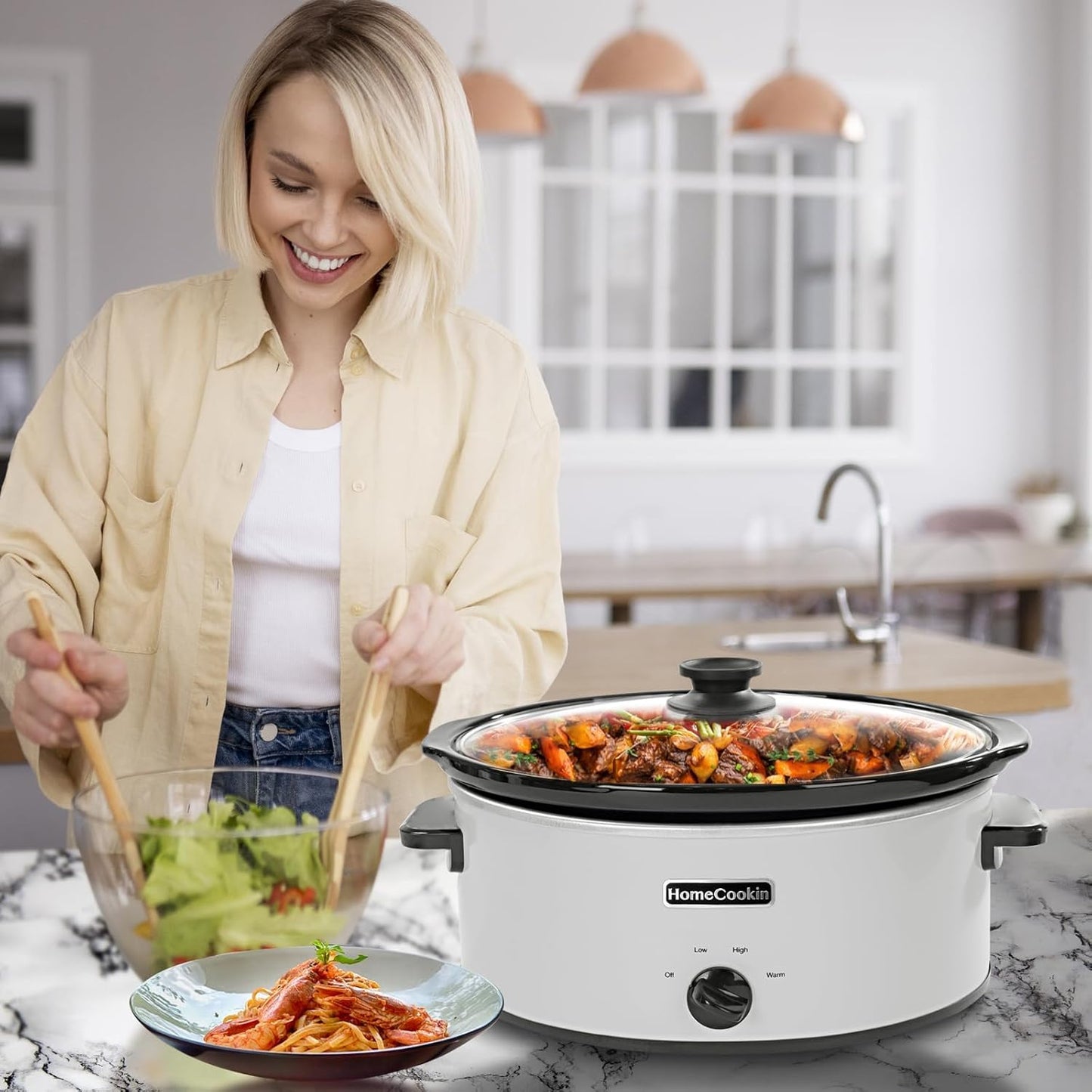 HOMECOOKIN 6 Quart Slow Cooker Oval Manual Pot Food Warmer with 3 Cooking Settings, White Stainless Steel