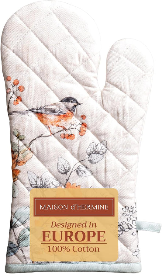 Maison d' Hermine Oven Gloves 100% Cotton Oven Mitt 7" x 13" with Loop Heat Resistant, BBQ, Cooking Gloves, Baking, Grilling, Kitchen, Handling Hot Pans (Pack of 1, Whitish Shabby Chique)