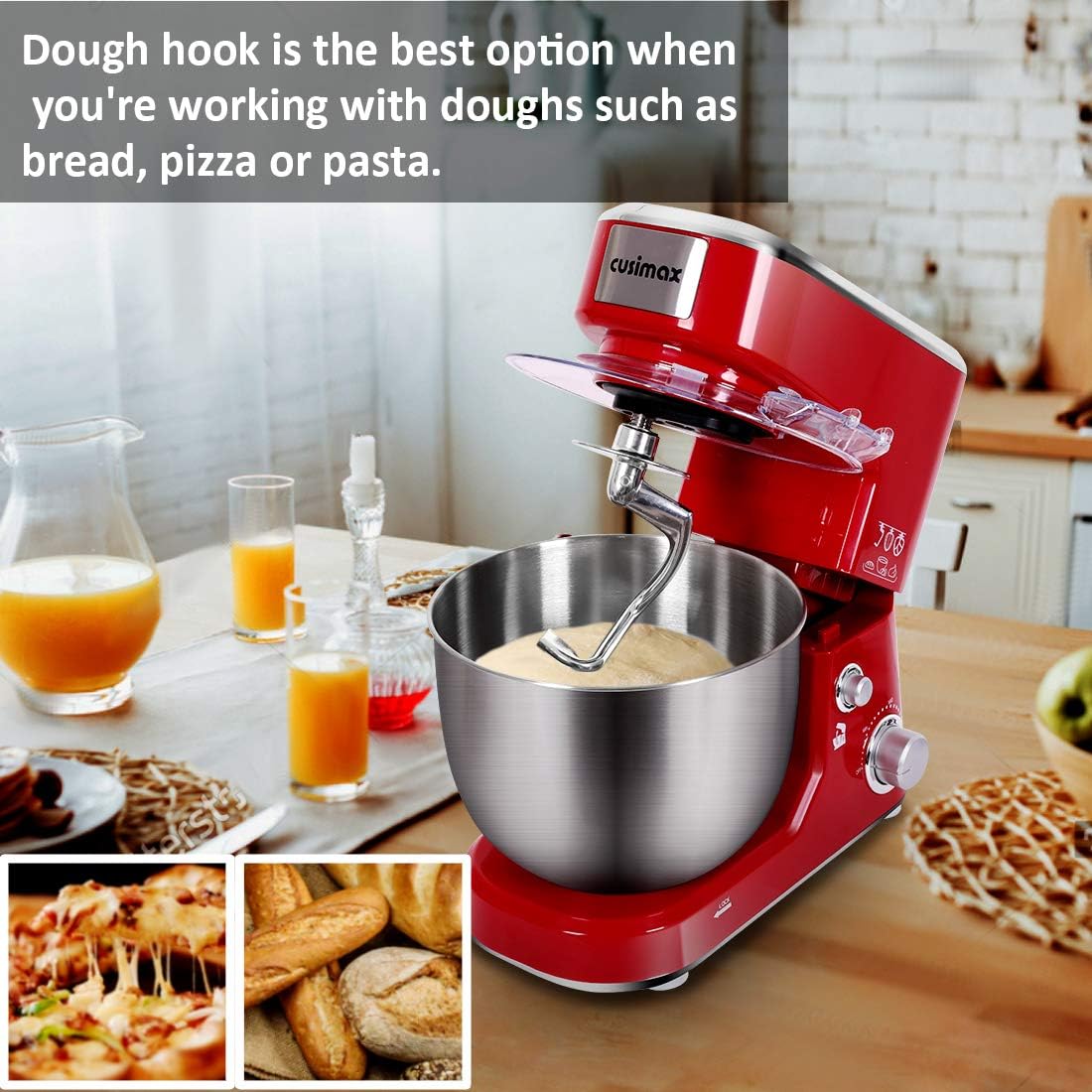 CUSIMAX Stand Mixer, 5-QT Stainless Steel Bowl Food Mixer, Tilt-Head Kitchen Electric Mixer with Dough Hook, Mixing Beater and Whisk, Splash Guard, Red