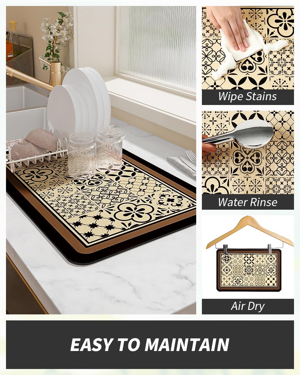 AMOAMI Coffee Mat Hide Stain Rubber Backed Absorbent Dish Drying Mat for Kitchen Counter - Fits Under Coffee Maker or Machine - Khaki 17x31.5