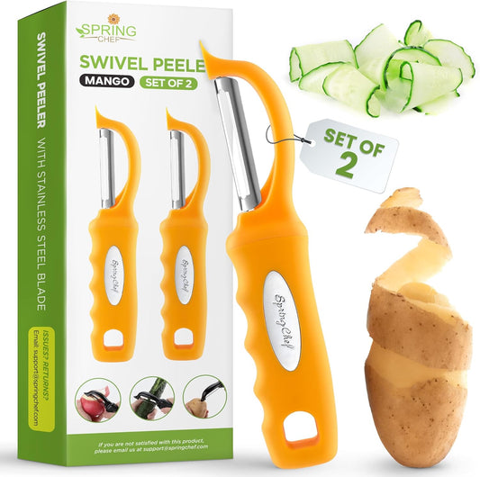Spring Chef Premium Stainless Steel Swivel Potato Peelers for Kitchen, Metal Vegetable Peelers with Comfortable Handle for Apple, Cucumber, Veggie, Fruit, Carrot, Dishwasher Safe - Set of 2 - Mango