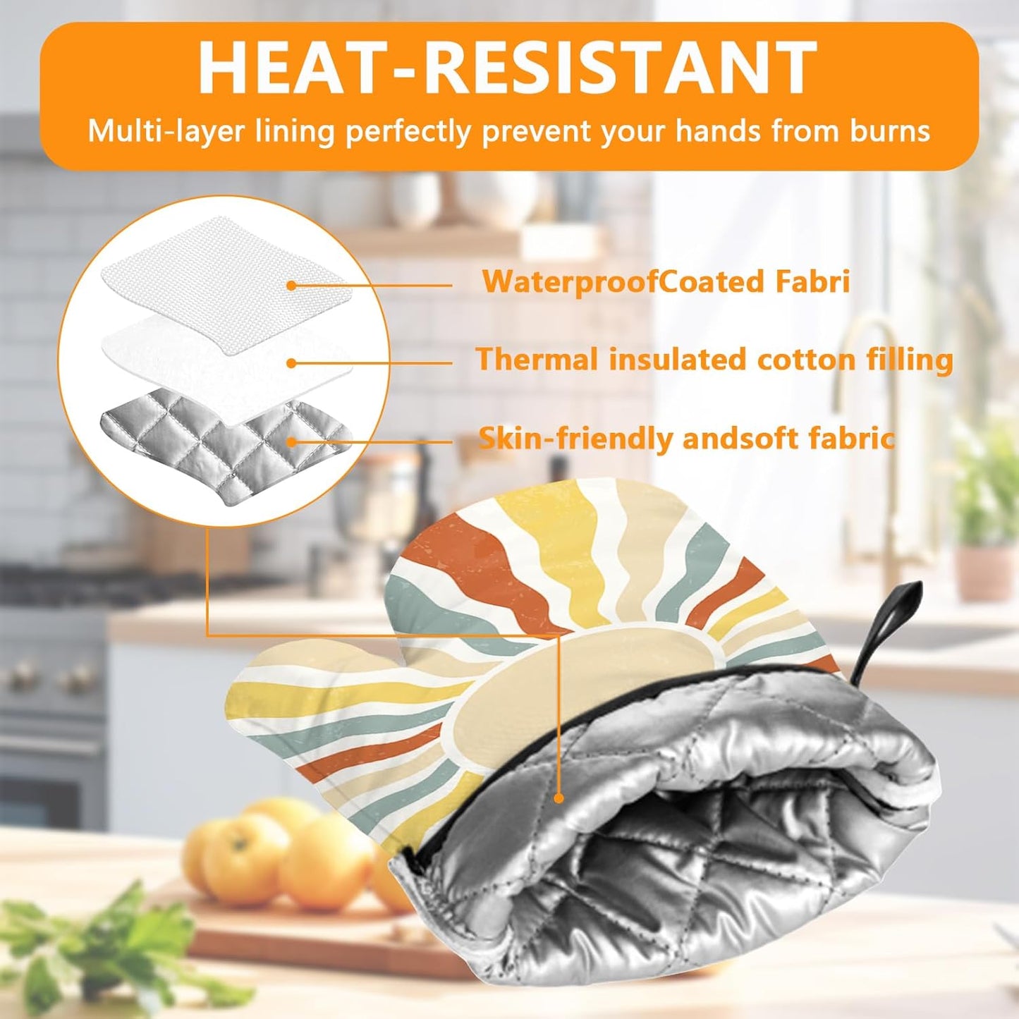 Boho Sun Oven Mitts and Pot Holders Sets 4Pcs,Extra Long Oven Gloves Potholder for Kitchen Cooking Baking BBQ 100% Cotton Heat Resistant