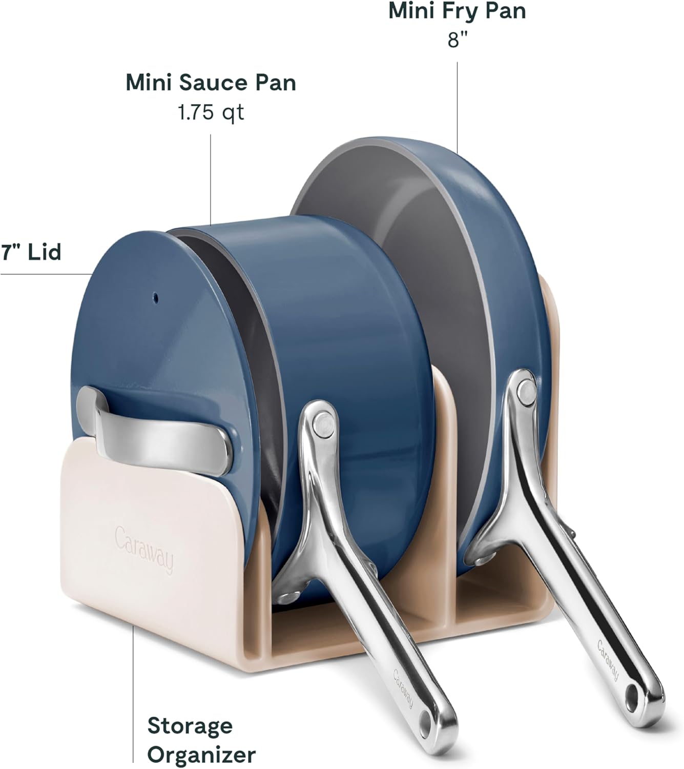 Caraway Mini Cookware Set - Non-Stick Ceramic Fry Pan (1.05 qt, 8") Sauce Pan (1.75 qt) & Storage Rack - Non Toxic, PTFE & PFOA Free - Oven Safe & Stovetop Agnostic (Gas, Electric & Induction) - Navy