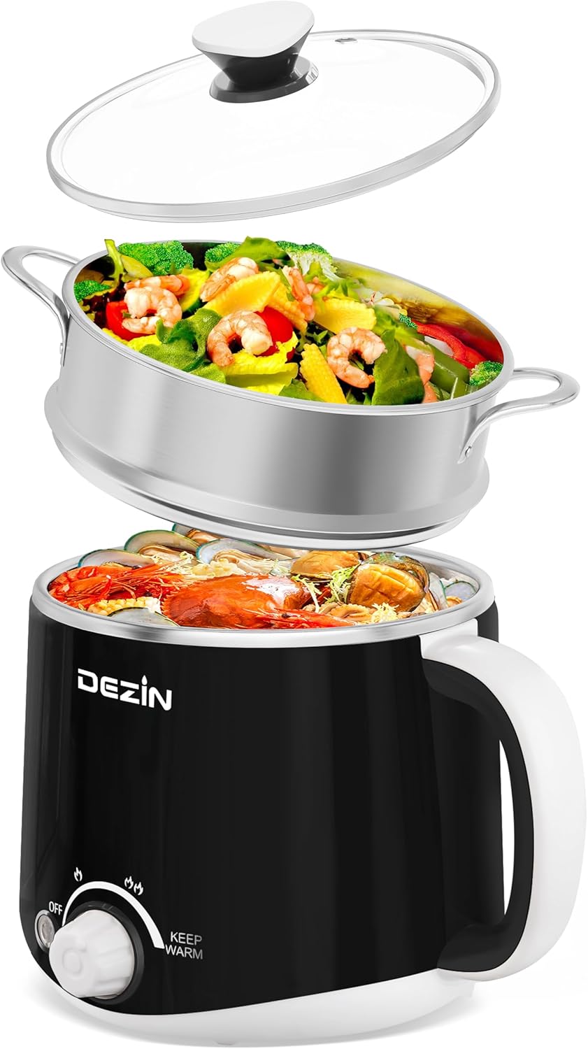 Dezin Hot Pot Electric with Steamer, Rapid Noodles Cooker, Stainless Steel Electric Pot 1.6 Liter, Perfect for Ramen, Egg, Dumpling, Soup, Oatmeal with Temperature Control and Keep Warm Function
