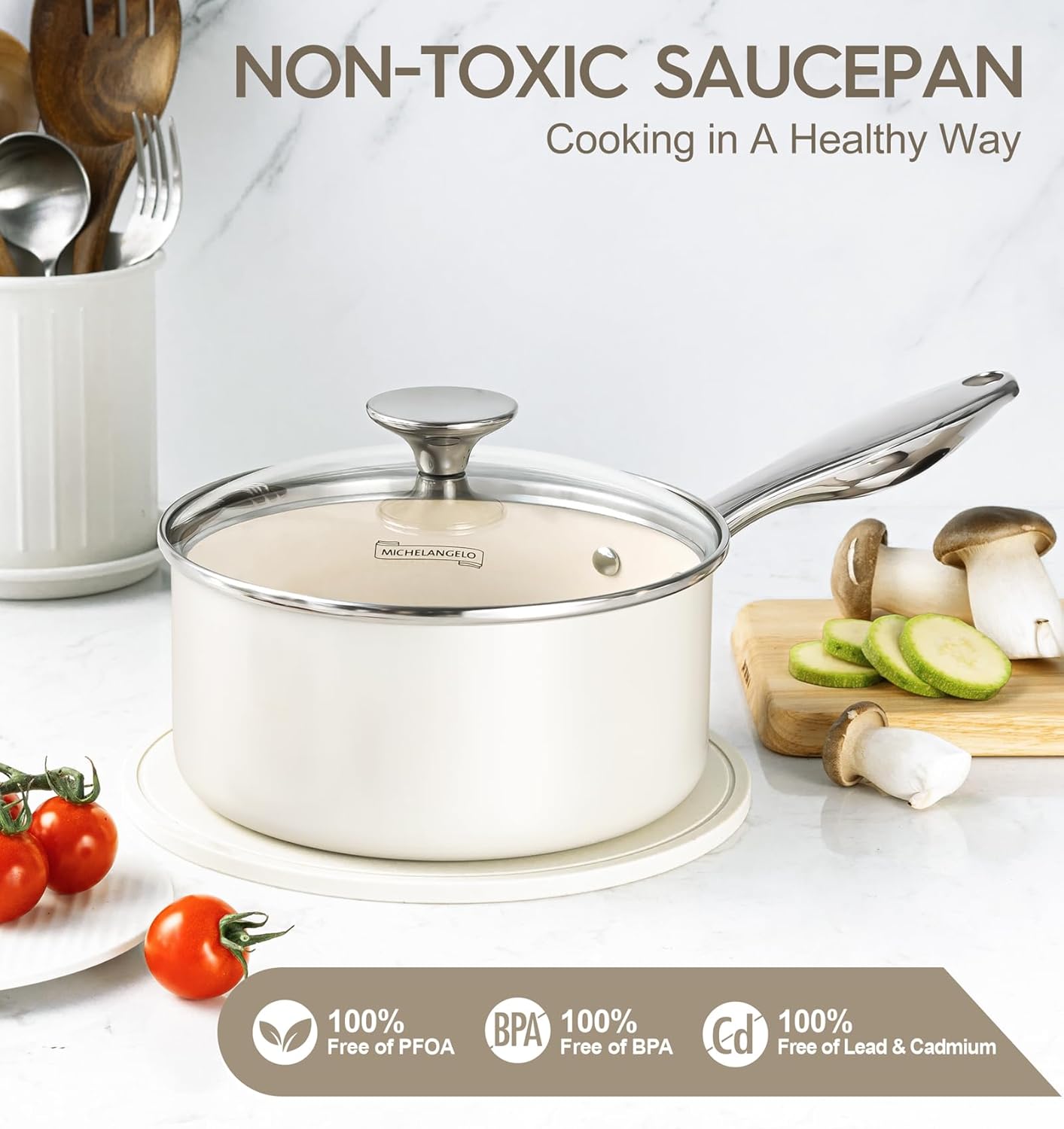 MICHELANGELO 3 Quart Saucepan with Lid, Induction Saucepan with Non-Toxic Ceramic Coating, Nonstick Sauce pan, 3 Qt Sauce pans with Lid, Oven Safe