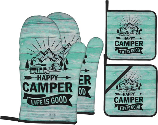 Happy Camper Oven Mitts and Pot Holders Sets of 4,Resistant Hot Pads with Polyester Non-Slip BBQ Gloves for Kitchen,Cooking,Baking,Grilling