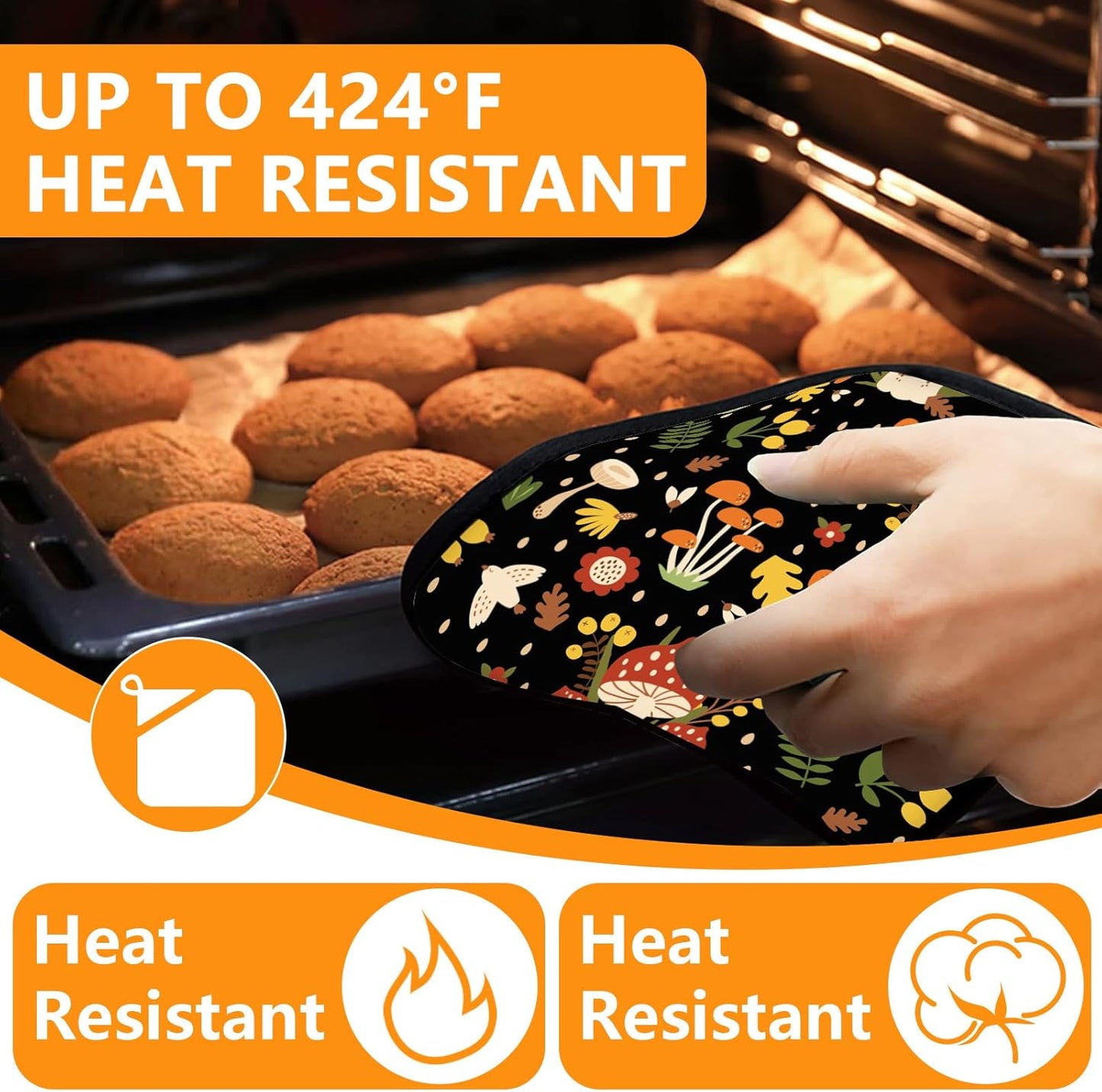 Mushroom Oven Mitts and Pot Holders Sets 4Pcs,Extra Long Oven Gloves Potholder for Kitchen Cooking Baking BBQ 100% Cotton Heat Resistant