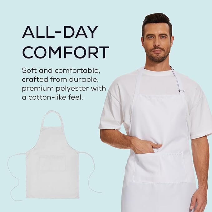 Will Well Kitchen Apron for Men and Women - 33" x 27" Oil-and-Water-Resistant with Adjustable Neck Strap and 38" Waist Ties for a Snug Fit, Lightweight with 2 Front Pockets - 2-Pack, White