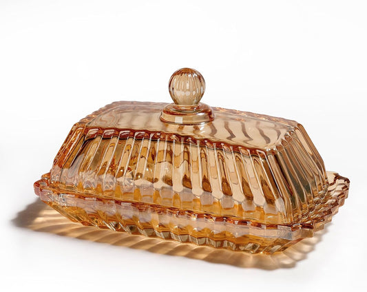 Glass Butter Dish with Cover for Countertop Amber Vintage Crystal Butter Dish with lid for Counter,Covered Glass Butter Holder Keeper Butter Tray for Refrigerator,Butter Container with 4oz Butter
