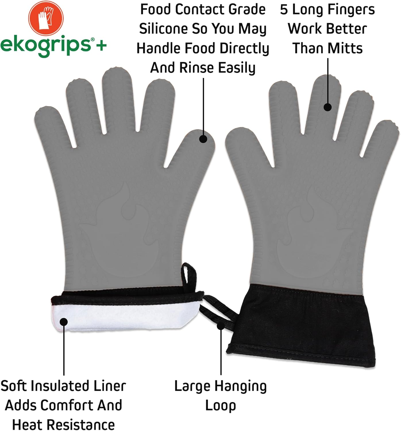 Ekogrips+ Premium Silicone Oven Mitts - Comfy, Waterproof, Heat Resistant BBQ Gloves for Grilling, Long Cuff for Added Protection, 5 Finger Dexterity, 3 Sizes, 4 Colors, S/M, Grey
