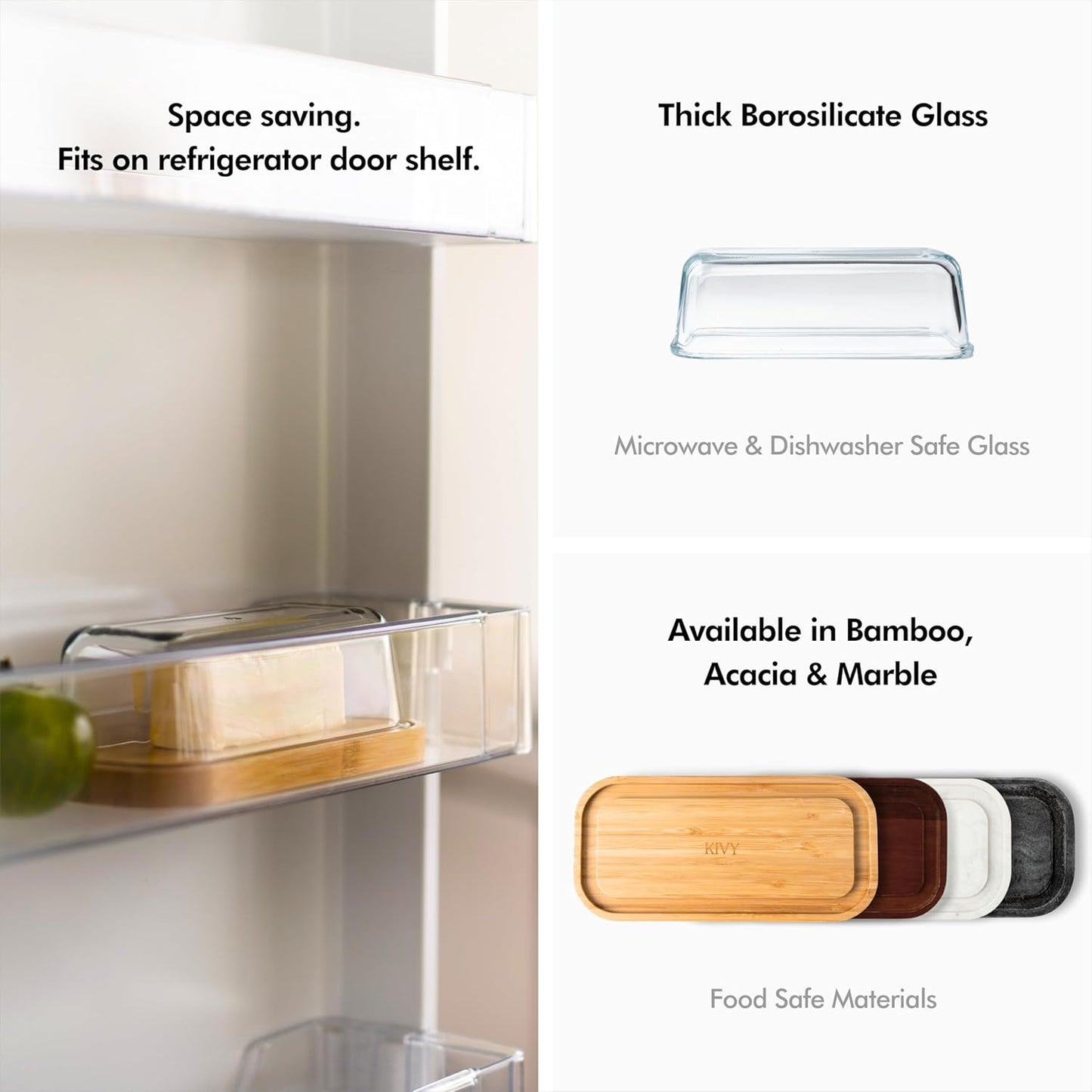 KIVY Butter Dish (Black Marble & Glass) - For countertop and refrigerator door shelf - Marble butter keeper - Stone butter dish - Glass butter dish with lid - Dishwasher Safe