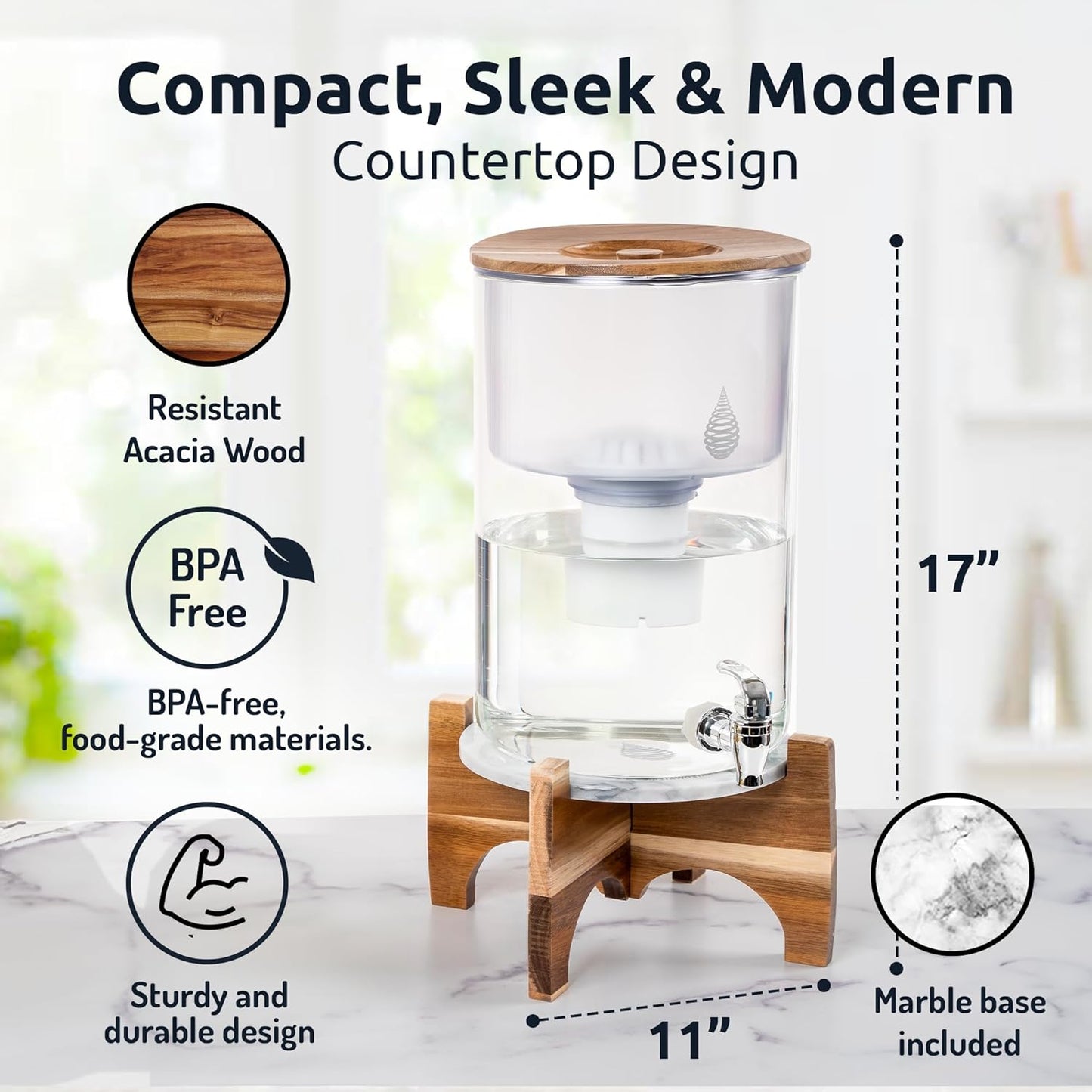 Invigorated Water pH Recharge Alkaline Water Filter Dispenser – BPA-Free Glass Countertop Water Filter Pitcher Purifier for Home & Office, 36-Cup Capacity, 360L Long Filter Life (Acacia/Marble)