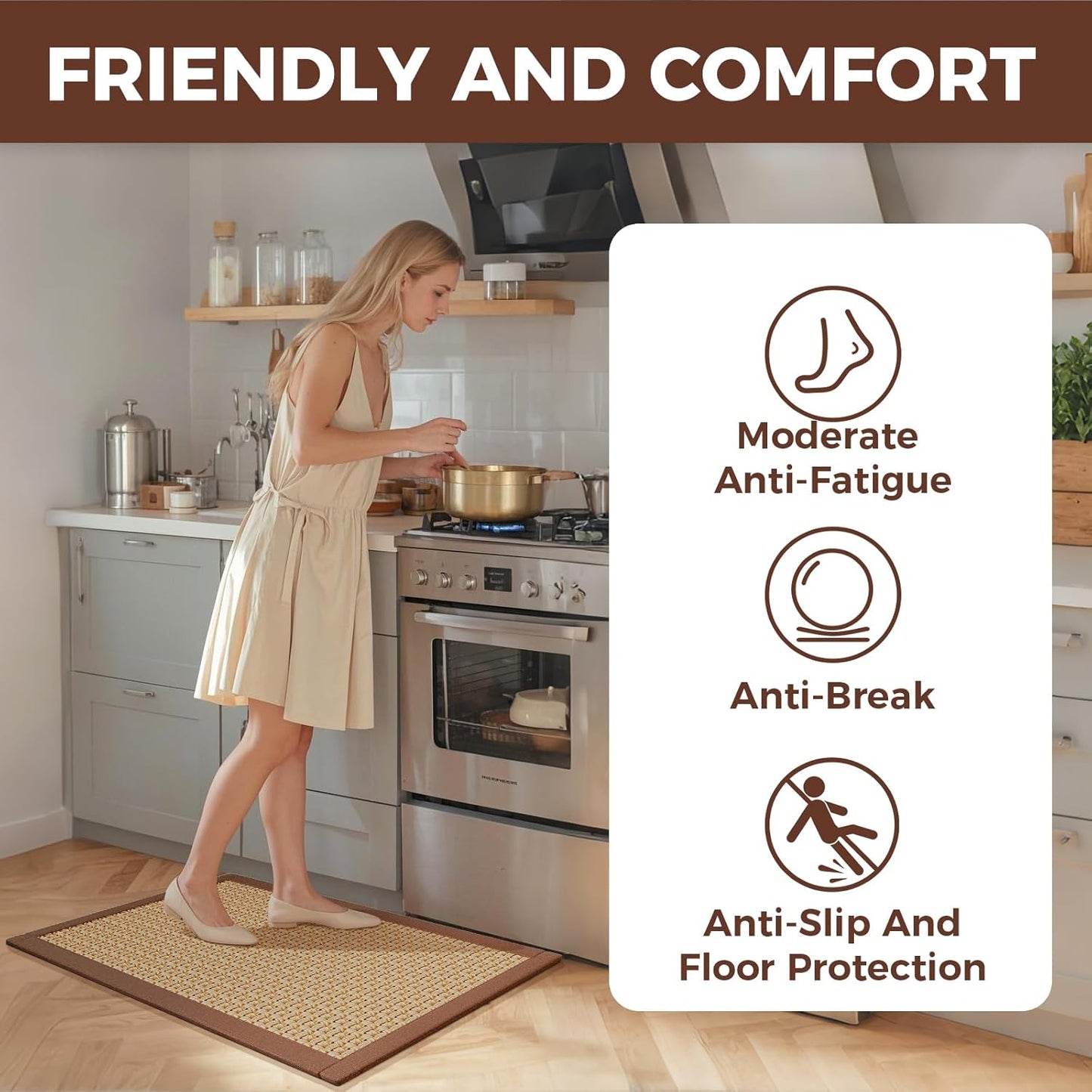 Anti Fatigue Kitchen Mats for Floor, Soft Cushioned Super Absorbent Kitchen Rugs Non Slip Washable, Jute-Like Woven Kitchen Sink Mat Standing Mat for Laundry Office, Easy Care, Brown 17"x30"