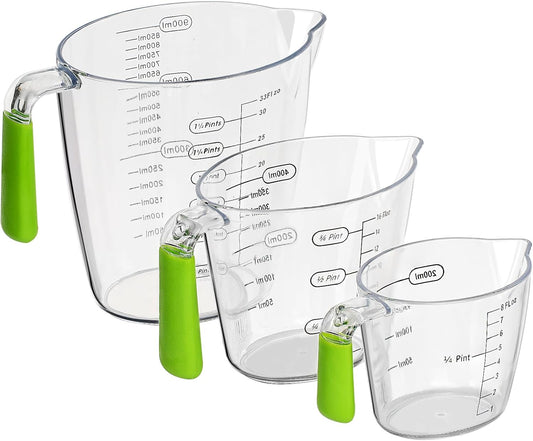 Plastic Measuring Cups Set, 3Pcs BPA Free Stackable Clear Measuring Cup with Spout and Angled Grip Handle, Includes 1 Pint, Oz, ML Measurement for Kitchen Cooking